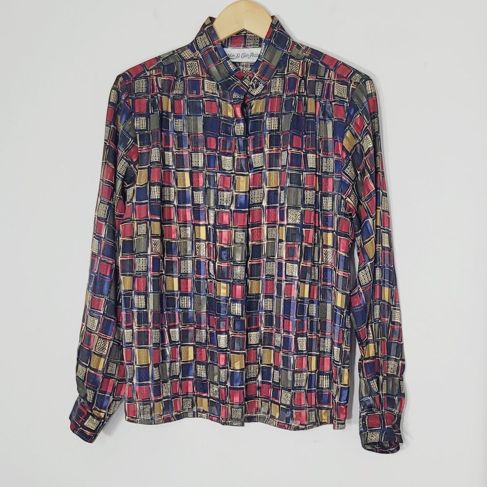 Yves St. Clair Vintage Multicolor Geometric Long Sleeve ButtonUp Blouse Sz 14P